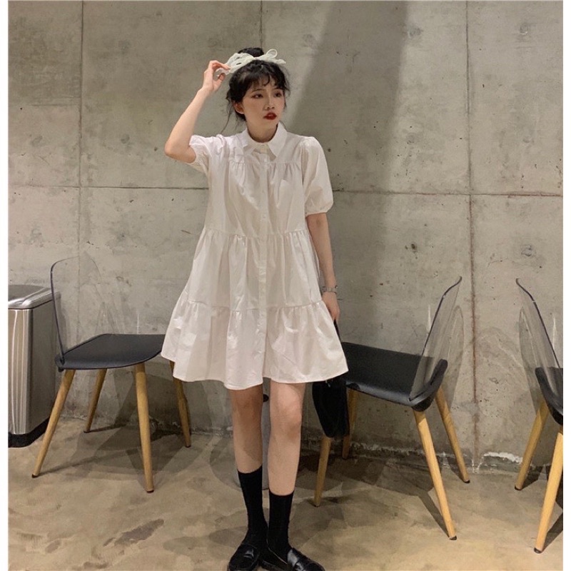Đầm nữ sơ mi trắng cổ đức tùng xoè ulzzang, Váy babydoll tay bồng 2 tầng vintage xinh xắn - ShynCloset