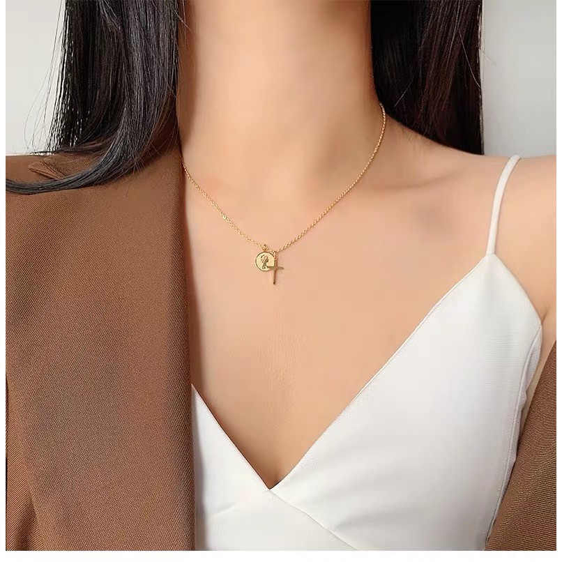 Dây chuyền xích ngắn phối mặt hình chữ thập bằng thép titan mạ vàng hồng nhập khẩu Đức phong cách Âu Mỹ tinh tế cổ điển