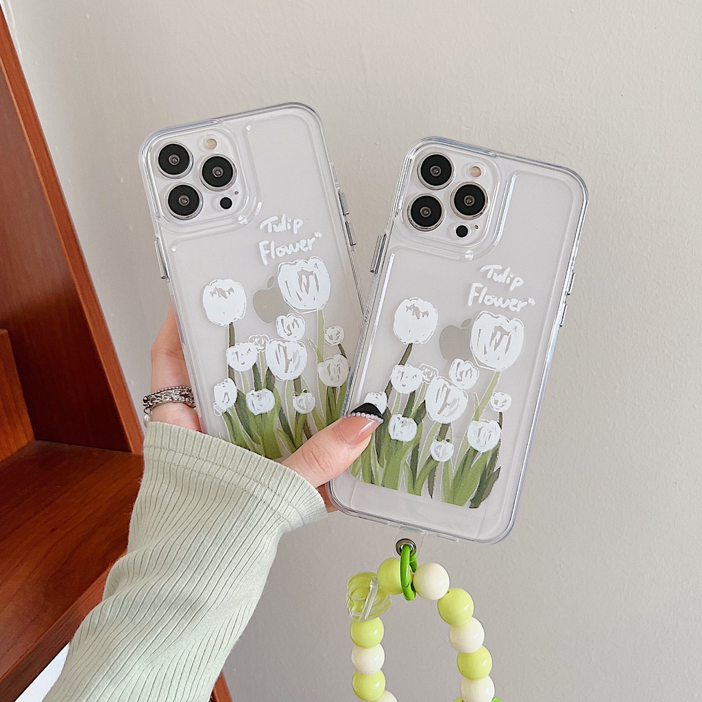 Ốp Điện Thoại Tpu Dẻo Trong Suốt Họa Tiết Hoa Trắng Kèm Dây Đeo Ngọc Trai Sang Trọng Cho iPhone 11 12 13 Pro XS Max XR