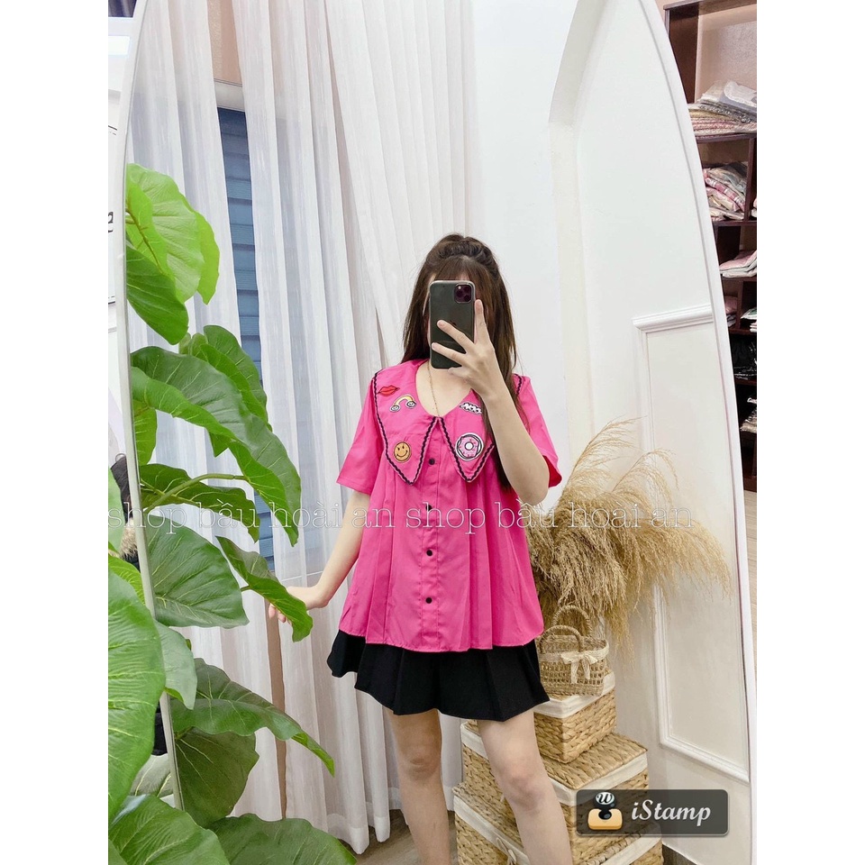 Áo sơ mi vạt bầu form rộng cổ hoạ tiết cực xinh xmay MjnHa