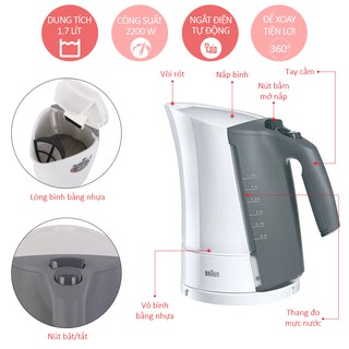 Ấm Đun Siêu Tốc Braun WK300 - 2200W - 1.7L -  Hàng xuất xứ Châu Âu