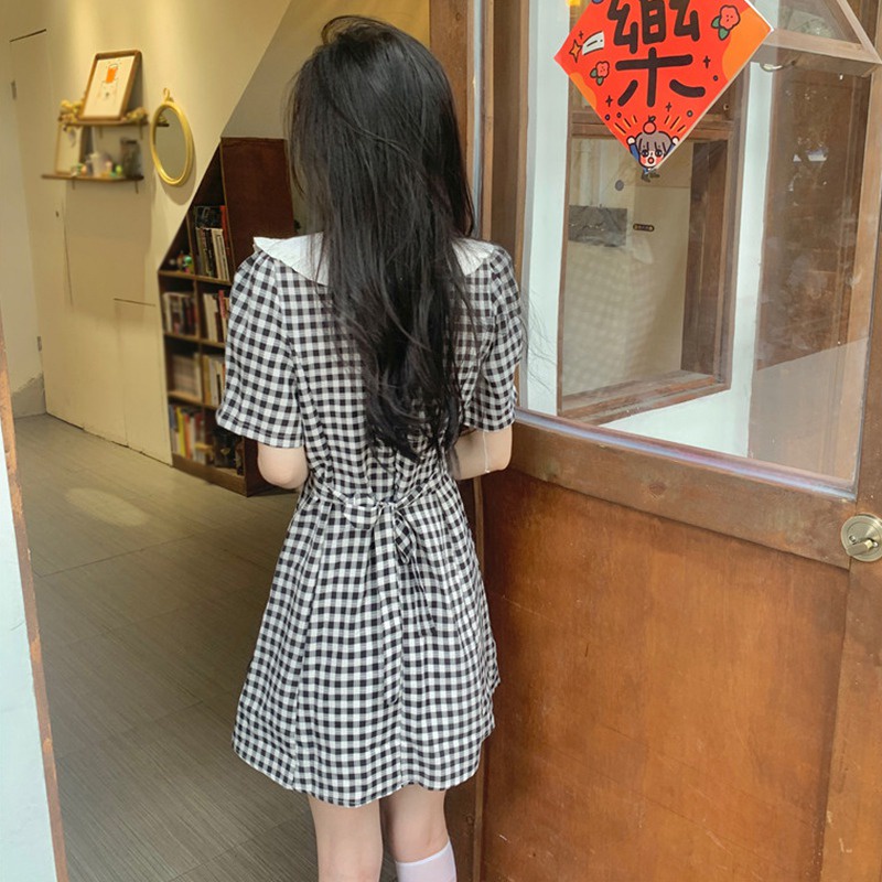 Đầm Tay Ngắn Cổ Búp Bê Họa Tiết Sọc Caro Phong Cách Hàn Quốc Thời Trang Mùa Hè Xinh Xắn