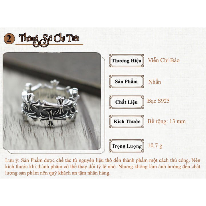 Nhẫn bạc nam nữ CH thập tự chất liệu bạc Thái 925 phong cách trẻ trung cá tính thương hiệu Viễn Chí Bảo N100158