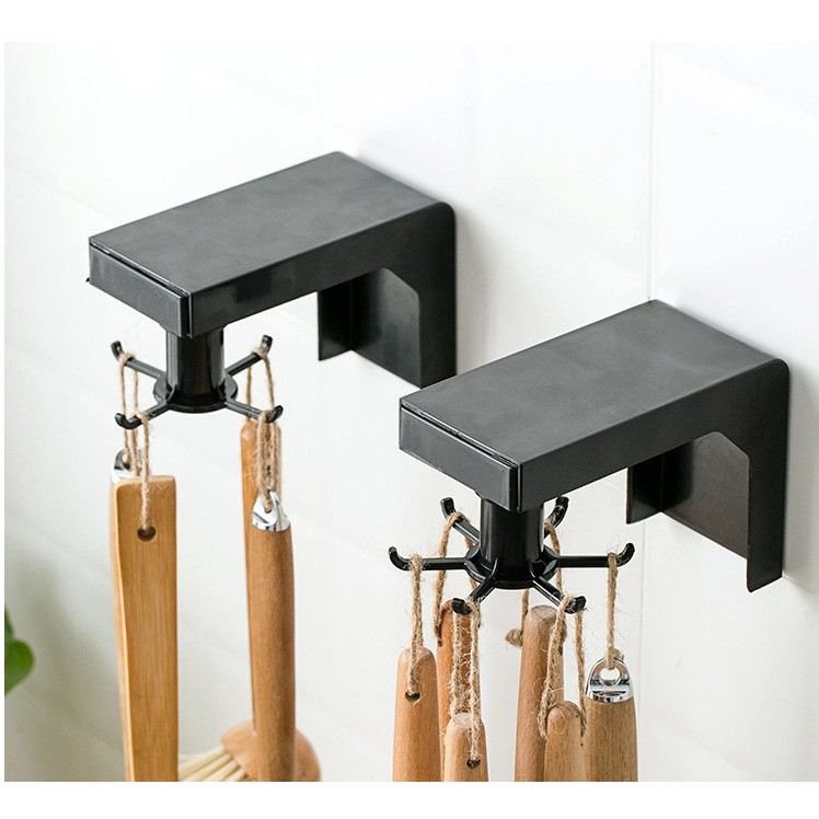 Giá treo dụng cụ nhà bếp, nhà tắm 6 móc xoay 360 độ, móc treo đồ nhà bếp đa năng dán tường tiết kiệm diện tích tiện dụng