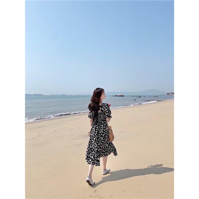 Váy ulzzang đầm hoa nhí cổ vuông hở lưng cột dây nơ siêu xinh | BigBuy360 - bigbuy360.vn