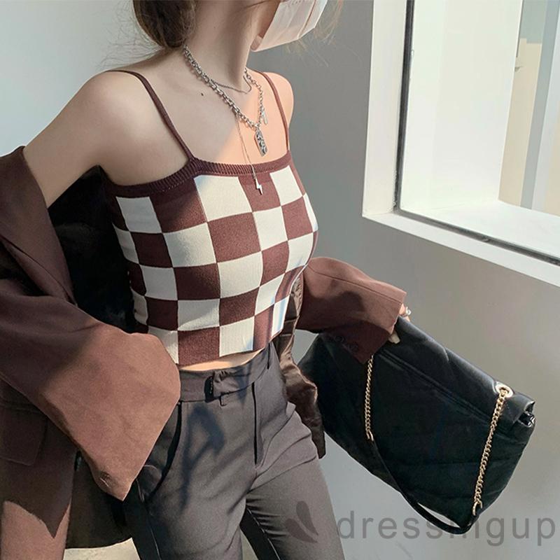 Áo lửng hai dây họa tiết ca rô đen/nâu thiết kế thời trang cho nữ