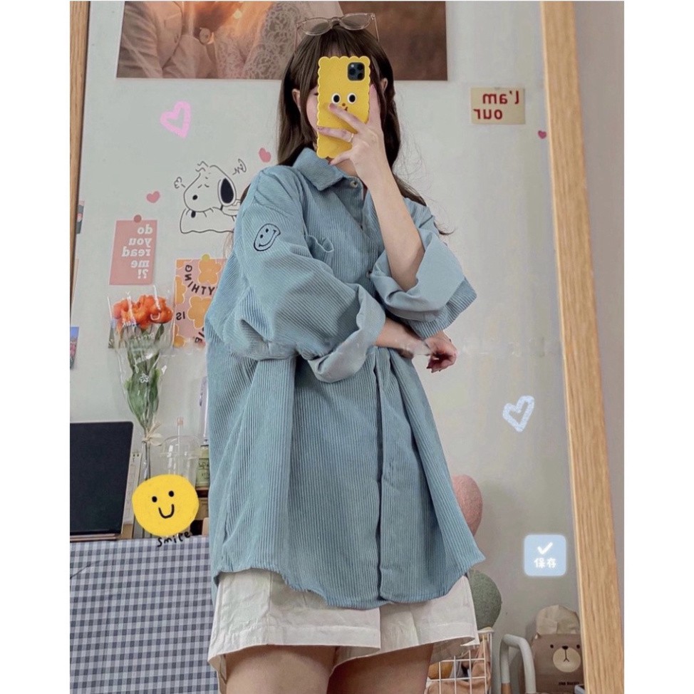 Áo sơ mi nhung tăm nữ Unisex AS03, kiểu áo sơ mi nữ oversize form rộng thêu hình mặt cười chất vải nhung tăm dày dặn 1hi