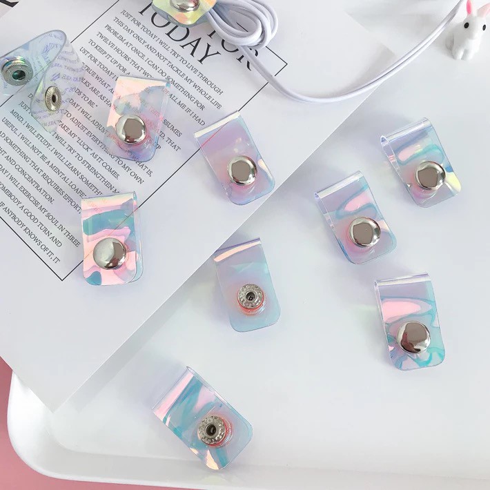 Dây Quấn Cáp Sạc/Tai Nghe Màu Laser Có Khóa Nút Hình Hoa/Trái Tim Cho Nữ