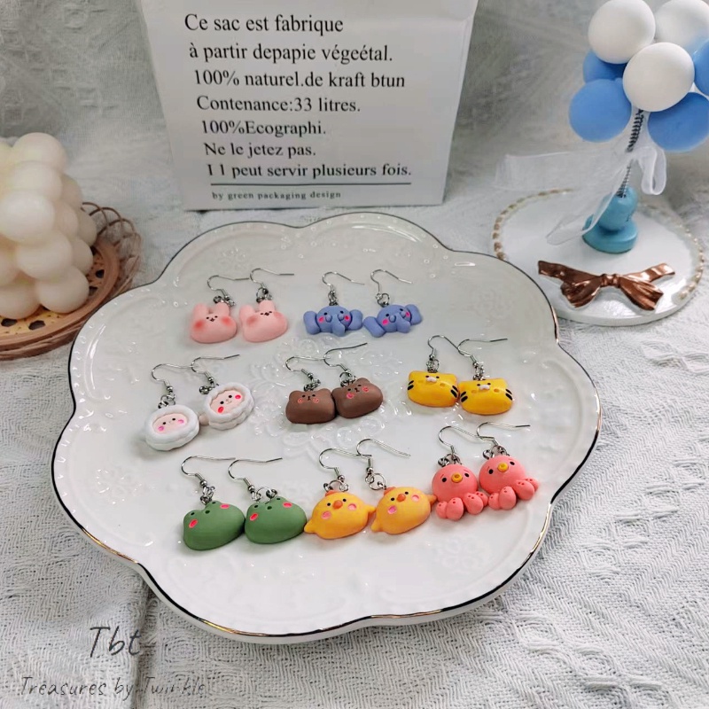 Bông tai hình động vật dễ thương hoa tai lủng lẳng hoa tai bạc gấu thỏ ếch phụ kiện thời trang （Tbt）