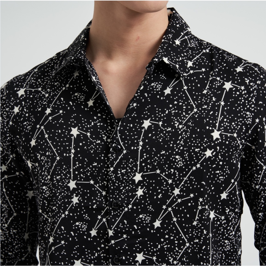 Áo sơ mi nam dài tay họa tiết chòm sao chất lụa mềm mại chống nhăn