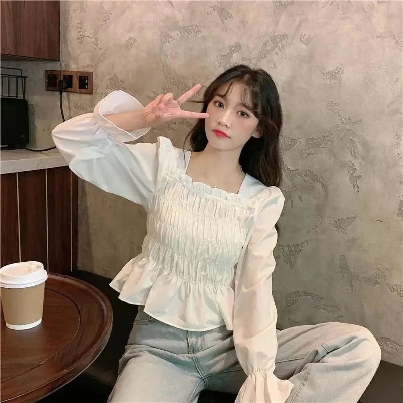 [Mã FAMARAL2 giảm 10K đơn 50K] Áo Kiểu Tay Dài Cổ Vuông Phong Cách Vintage 2021 Cho Nữ