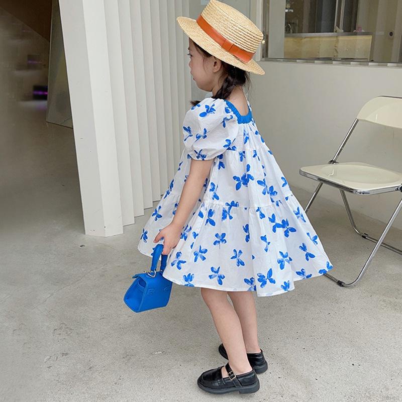 Đầm Công Chúa Tay Phồng Cổ Vuông Vải Cotton In Họa Tiết Hoa Dành Cho Bé Gái 3-8 Tuổi
