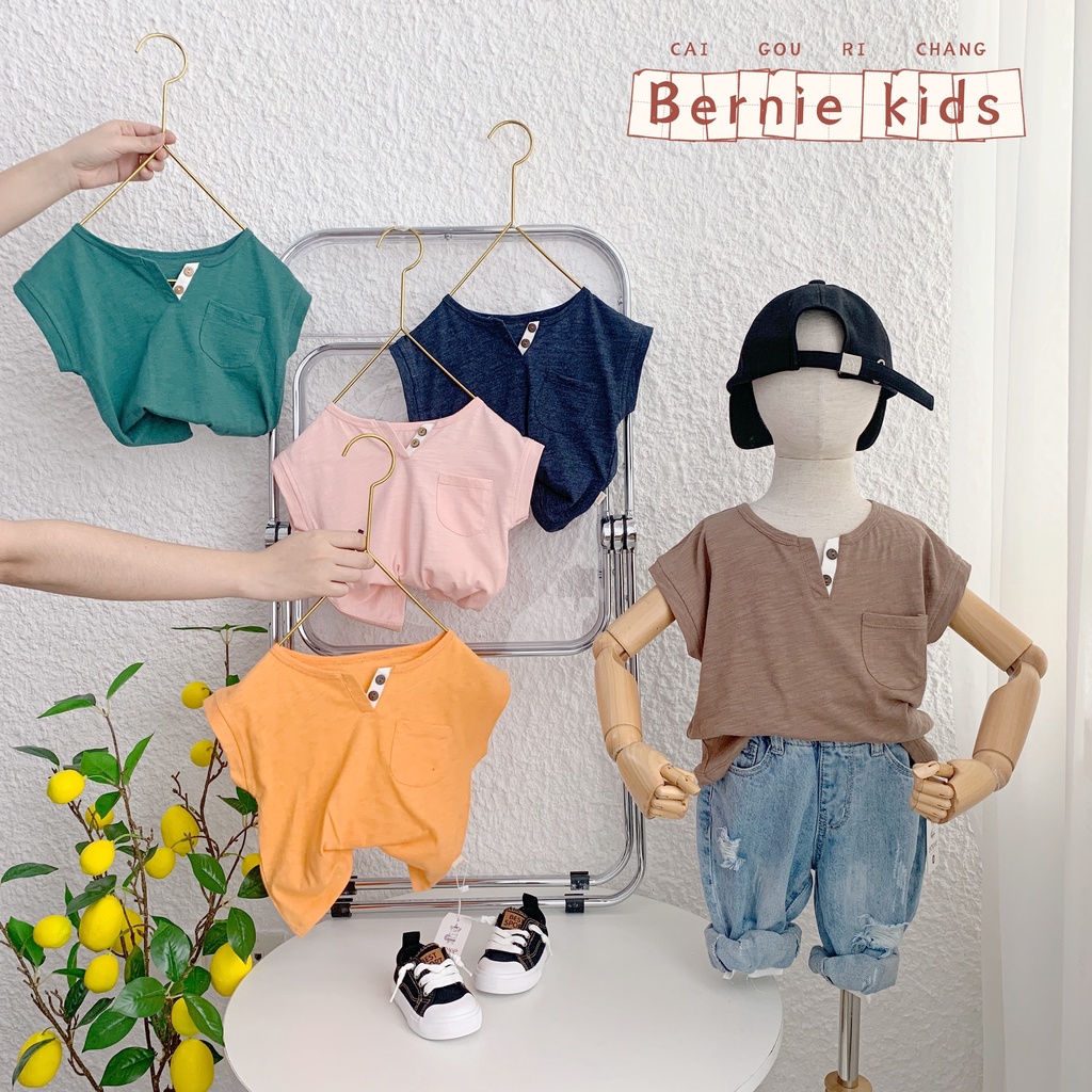 Áo phông bé trai cổ V, áo thun bé trai cotton xước mềm mát Bernie