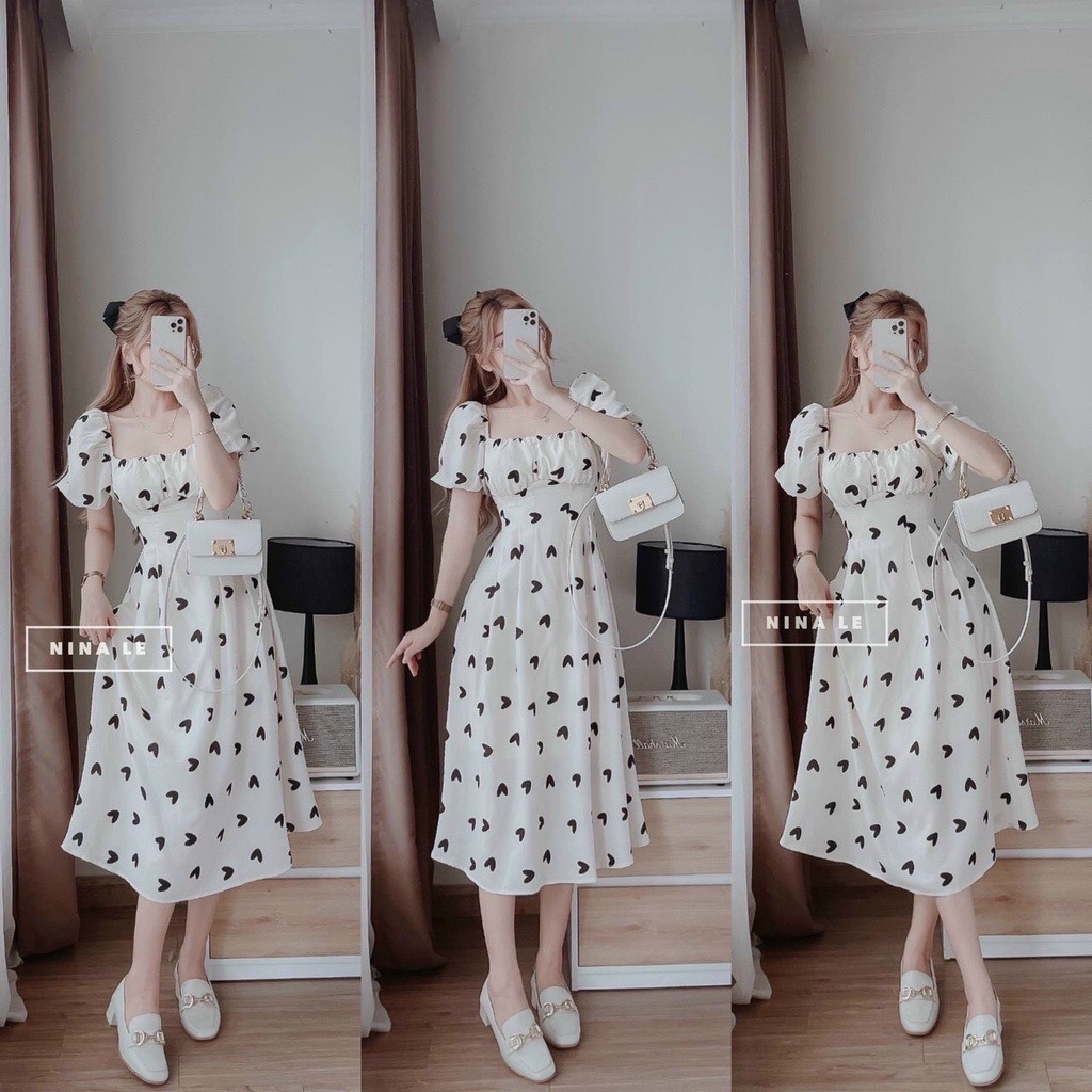 Đầm xòe hoạ tiết nơ ngực có mút xinh xắn