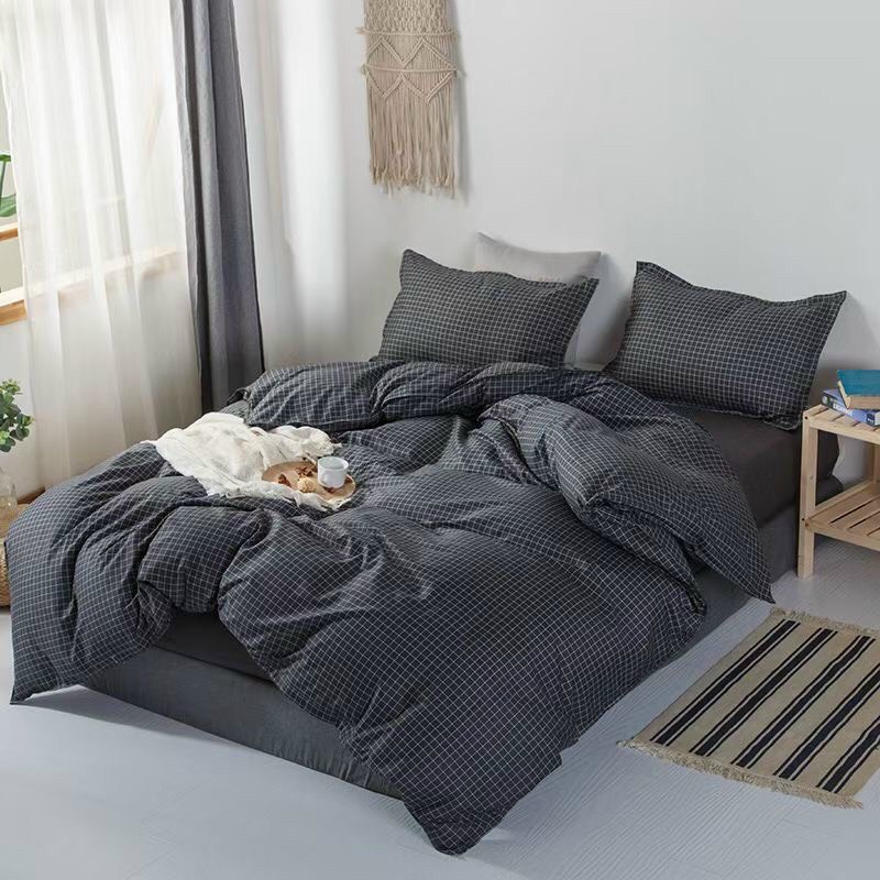 BỘ CHĂN GA GỐI COTTON POLY CARO ĐEN | HÀNG NHẨP KHẨU COMBO 4 MÓN