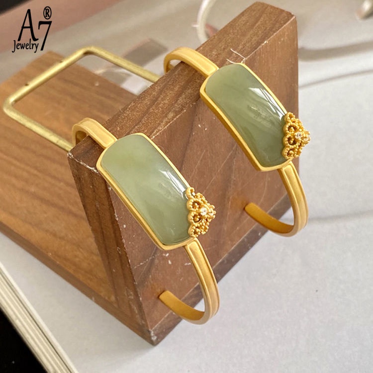 Vòng Tay Bạc 925 A7 S925 Dạng Hở Đính Đá Sapphire Hình Chữ Nhật Phong Cách Retro Cho Nữ