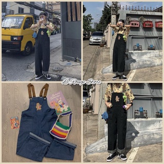 Quần yếm denim xanh đậm ống rộng phong cách Loli hình baby bear xinh xắn ulzzang