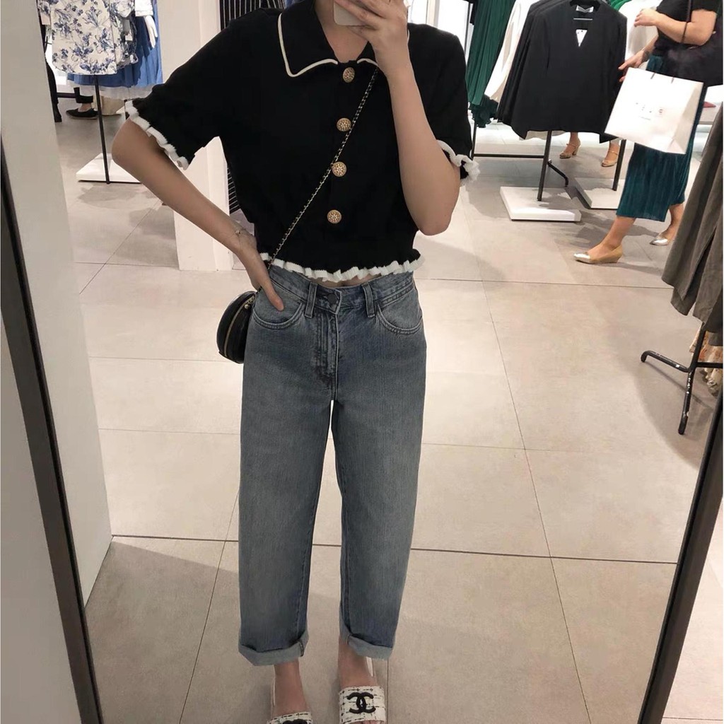 Áo Ulzzang nữ dáng croptop cổ Polo chất len tăm đen viền trắng độc đáo phong cách Hàn Quốc C23 - Maoshop
