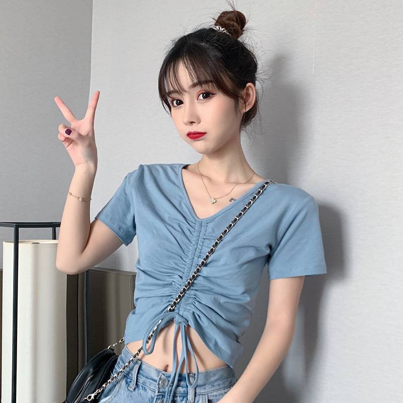 🌼Korean version of the draw rope frustrated design short version of the dress short-sleeved top short-sleeved T-shirt women's slim jacket clothes loose upper