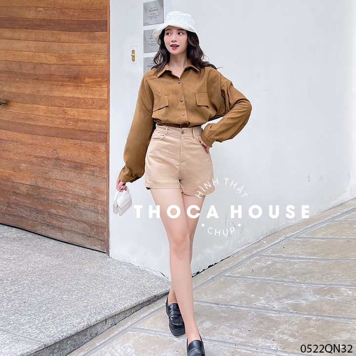 Quần short nữ kaki Hàn Quốc trơn nude, trắng, đen THOCA HOUSE ôm dáng tôn chân cực xinh