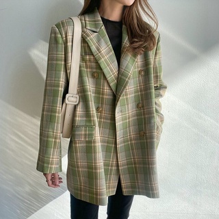 Áo Khoác Blazer Tay Dài Dáng Rộng Sọc Ca Rô Phong Cách Retro Hàn Quốc Thời Trang Mùa Thu 2021