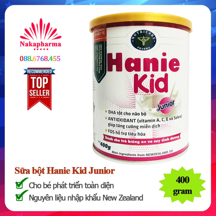 Sữa bột Hanie Kid Junior 400g - Bé ăn ngủ ngon, cao lớn, khỏe mạnh, hấp thu tốt - Nguyên liệu nhập khẩu New Zealand EU