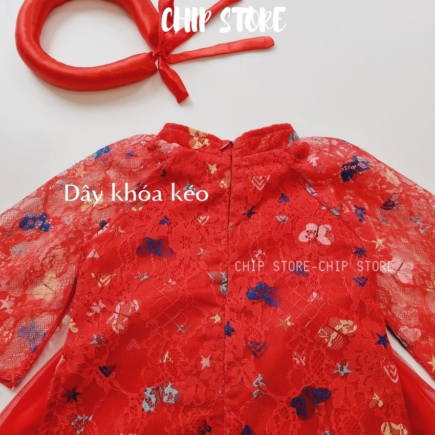 Áo dài mẹ bé cách tân CHIP STORE Thân áo ren đỏ cao cấp phối chân váy xòe bồng bềnh như công chúa