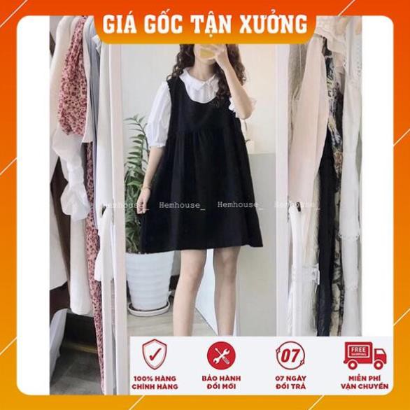 Đầm Yếm Nữ Đen Phối Màu Cộc Tay - Váy Yếm Nữ Có Cổ Dáng Lỡ Chất Đũi