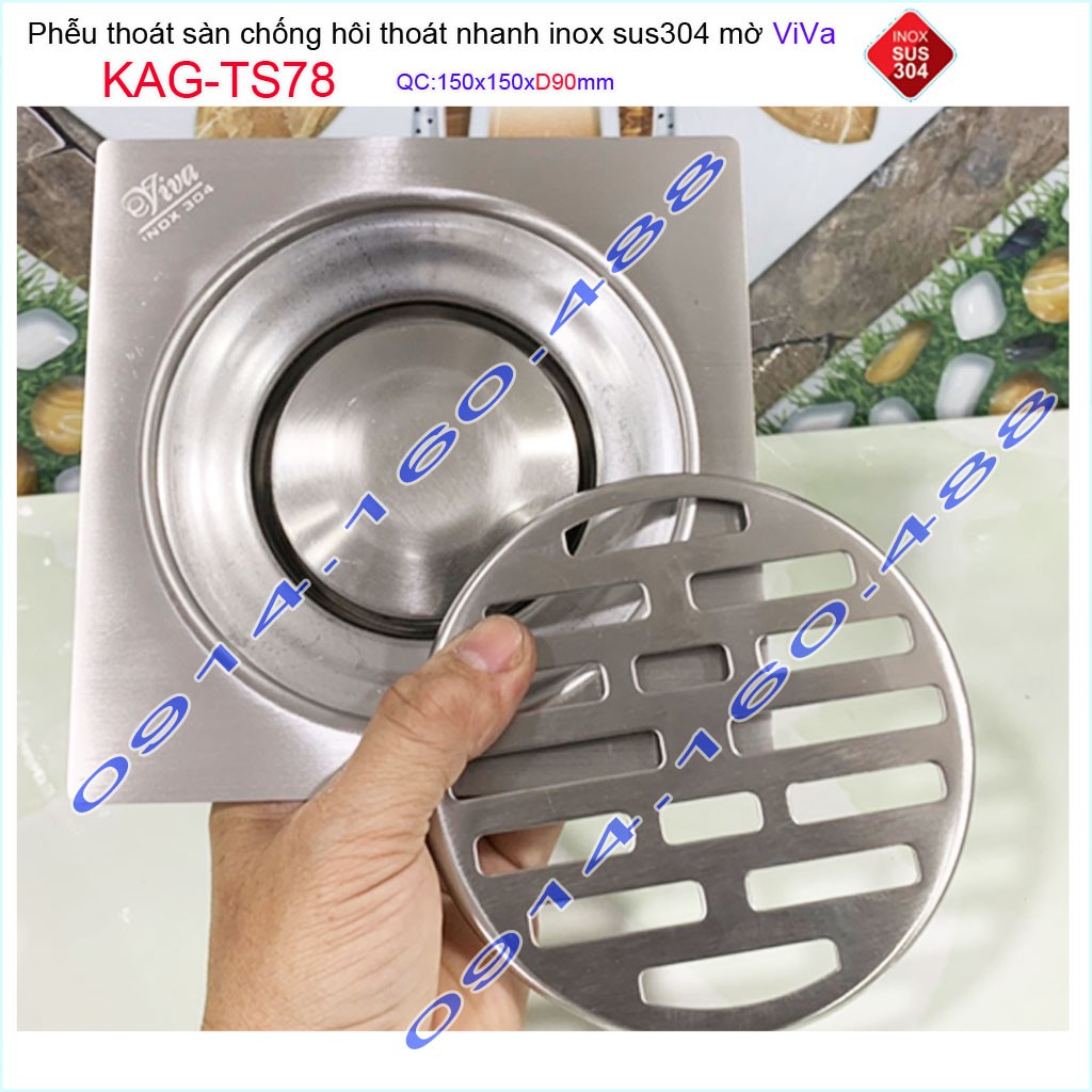 Phễu thoát sàn Viva KAG-TS78 15x15cm D90, phễu thoát sàn SUS304 đúc liền khối sales 40%, hố ga chống hôi inox 304 dày 1.