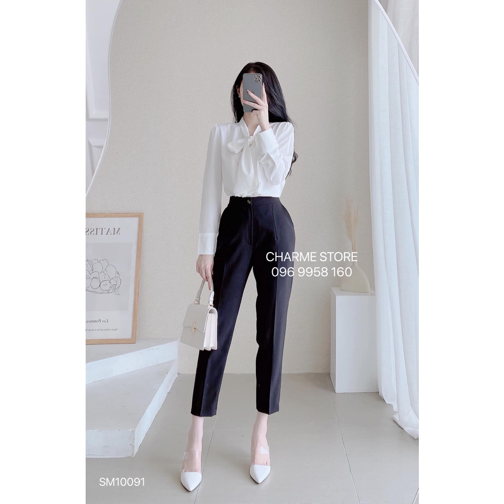 Áo sơ mi nữ trơn dài tay cổ nơ thiết kế Charme 110091