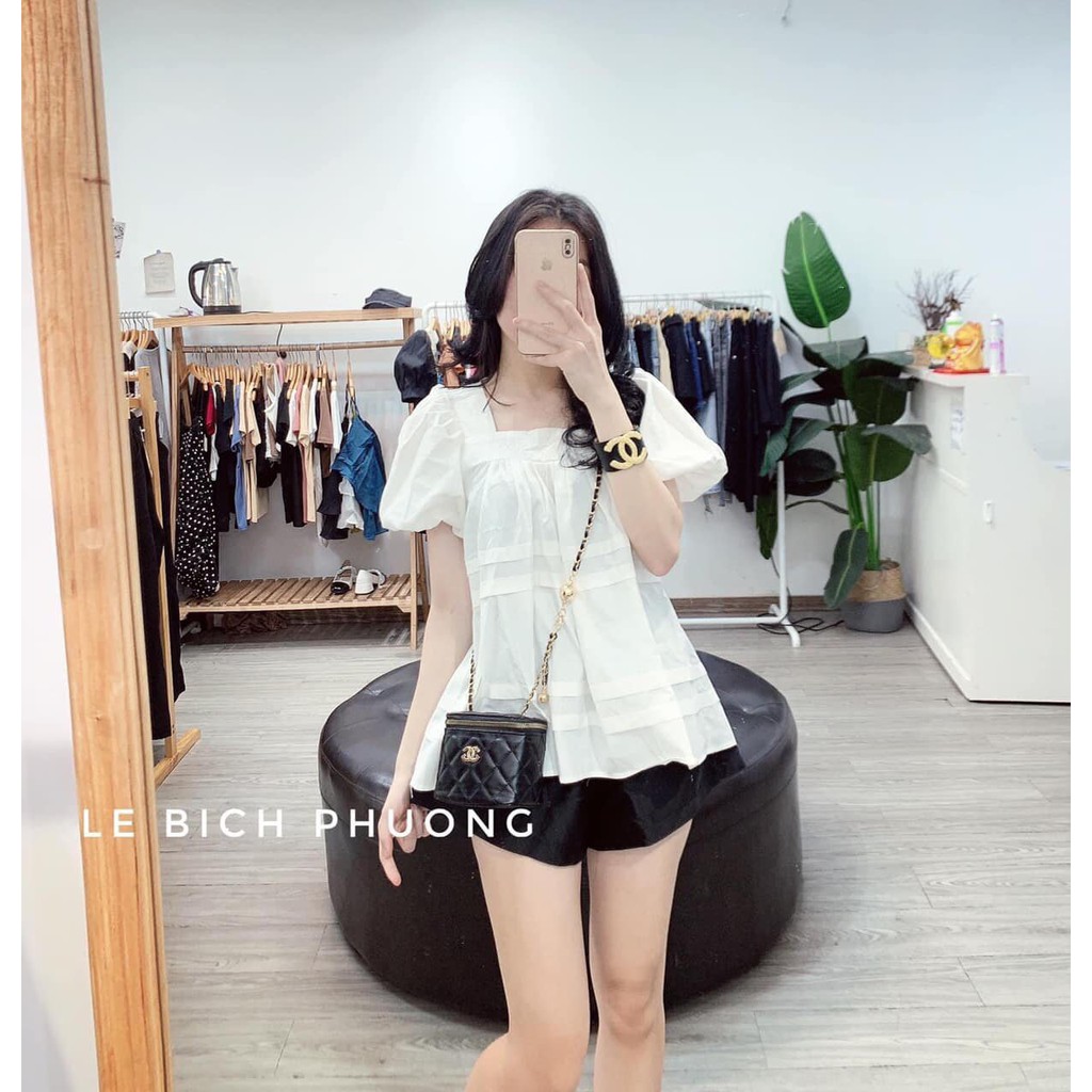 Áo Babydoll Cổ Vuông tầng [Freeship] Áo Cổ Vuông Tay Bồng 2 Màu Trắng - Nâu