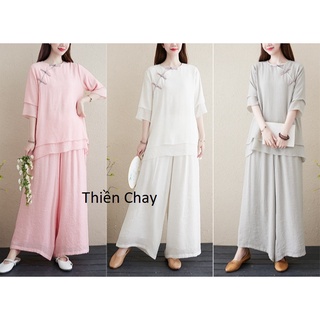 Quần áo phật tử, đồ đi lễ chùa, tập thiền yoga Thiền Chay cổ tròn nút tàu