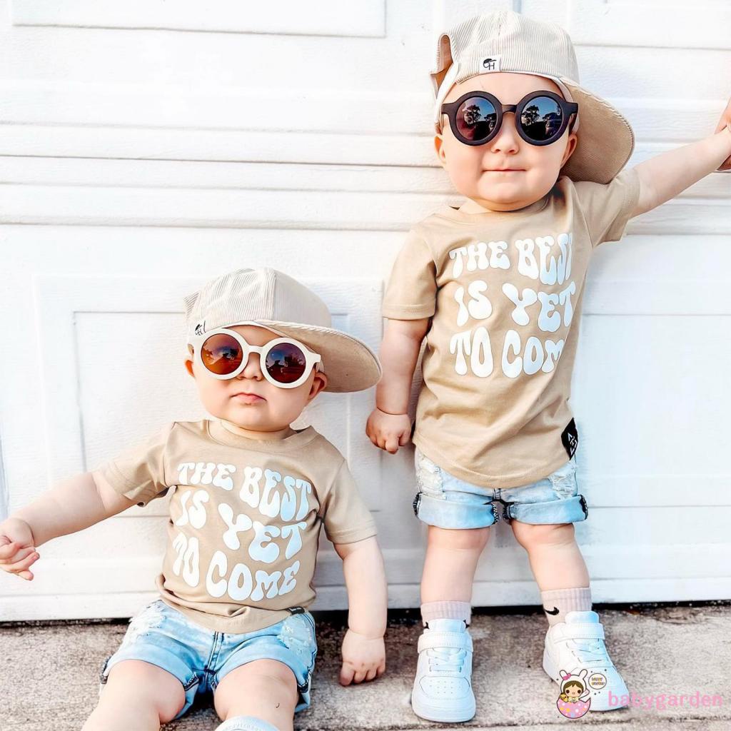 Bộ Áo Thun Ngắn Tay Cổ Tròn In Chữ + Quần Short Có Túi Cho Bé Trai 1-6 Tuổi