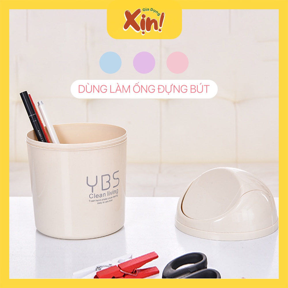 Thùng rác mini để bàn YBS, thùng rác nhựa có nắp đậy tiện lợi nhiều màu sắc, dùng cho văn phòng