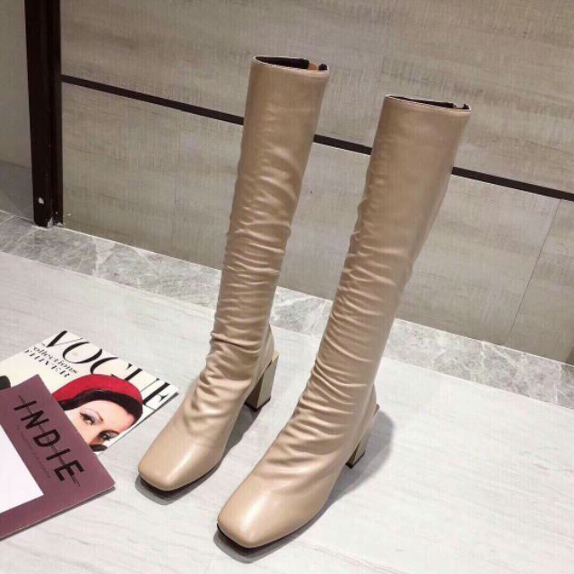 boot đùi gót khối cao cấp đen be hàng hộp cao cấp