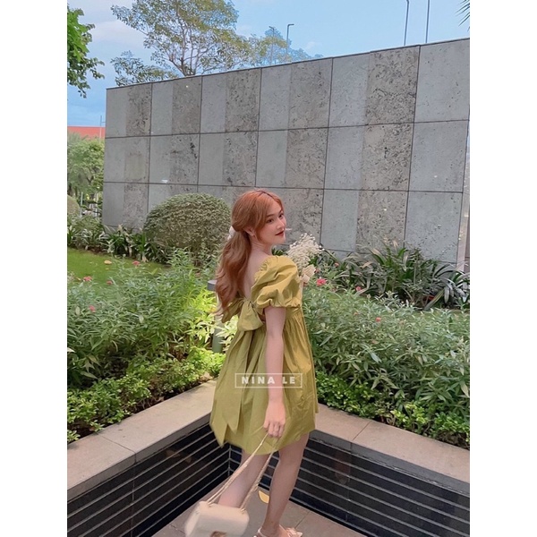 Váy babydoll dự tiệc sang trọng xoè nơ lưng bản to ngực xếp li tay bo bồng màu xanh hồng V243 freesize AĐ BOUTIQUE