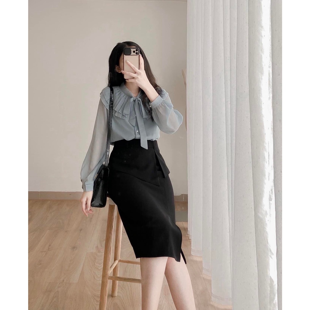 Set áo sơ mi phối cổ bèo kết hợp với chân váy bút chì sang chảnh