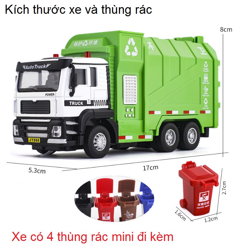 Xe mô hình ô tô chở rác bằng hợp kim và nhựa có âm thanh và đèn tỉ lệ 1:50 kèm 4 thùng rác mini