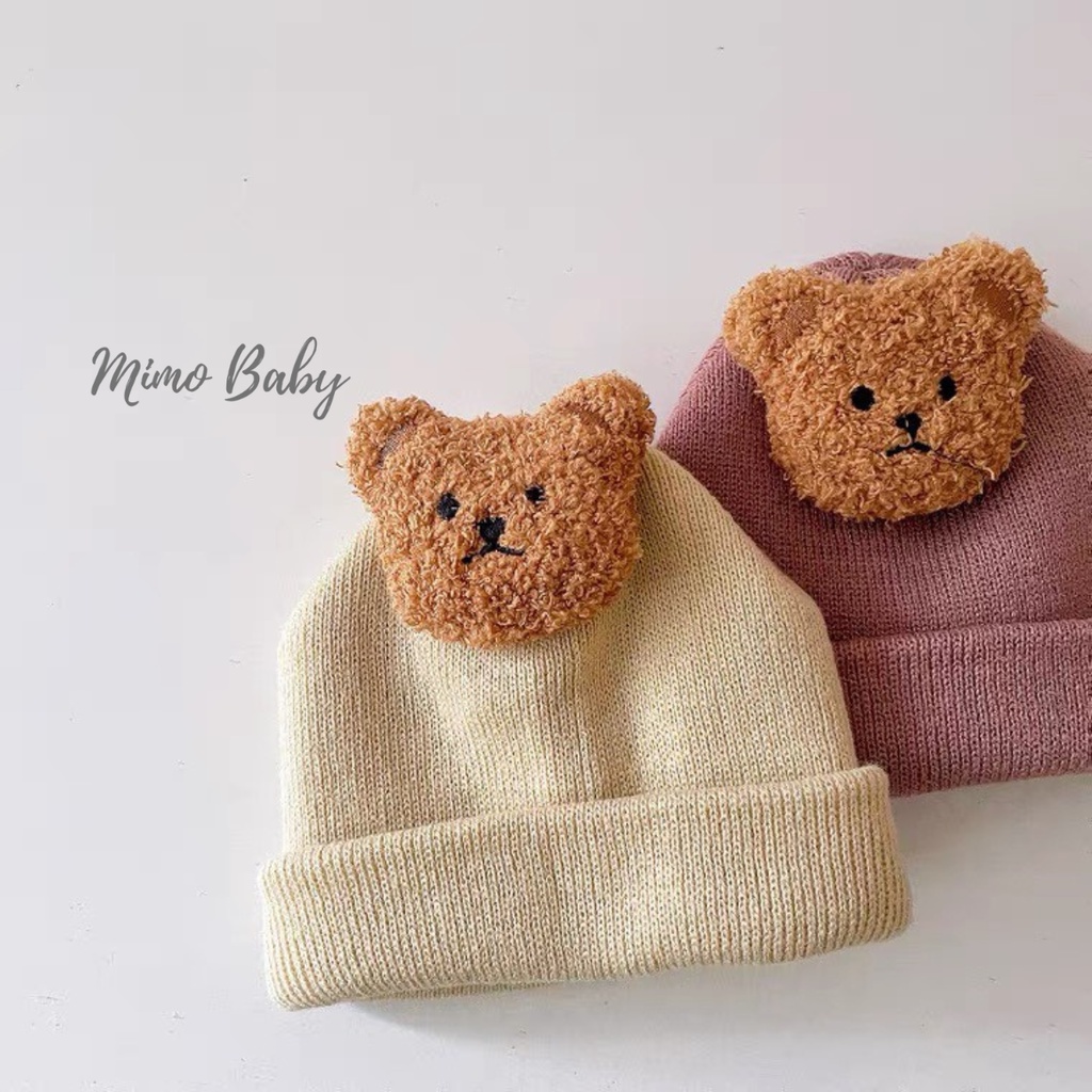 Mũ nón len mùa đông dáng beanie đính gấu bông dễ thương cho bé ML190 Mimo Baby