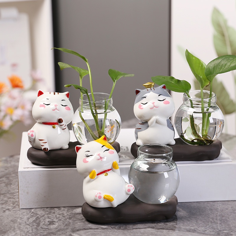 Lọ Hoa Thủy Canh Hình Mèo May Mắn Sáng Tạo Trang Trí Phòng Khách Mới
