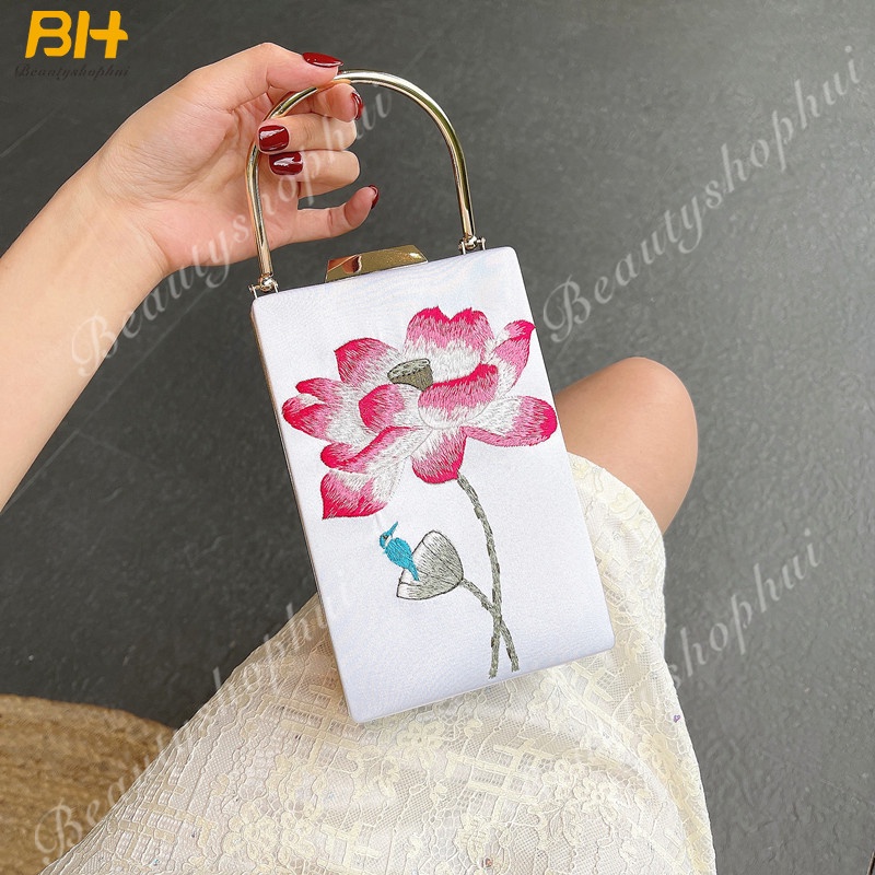 Ví Cầm Tay Họa Tiết Hoa Sen Phong Cách Trung Hoa Sang Trọng Cho Nữ