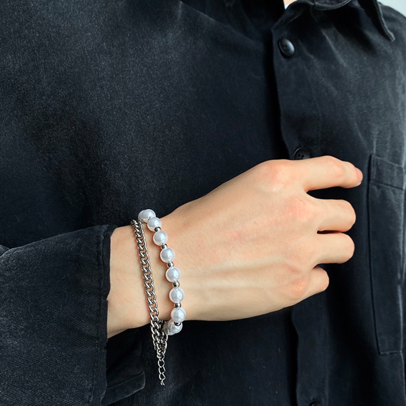 Vòng Tay Hai Lớp Bằng Thép Titanium Đính Hạt Ngọc Trai Phong Cách Hip hop Đơn Giản