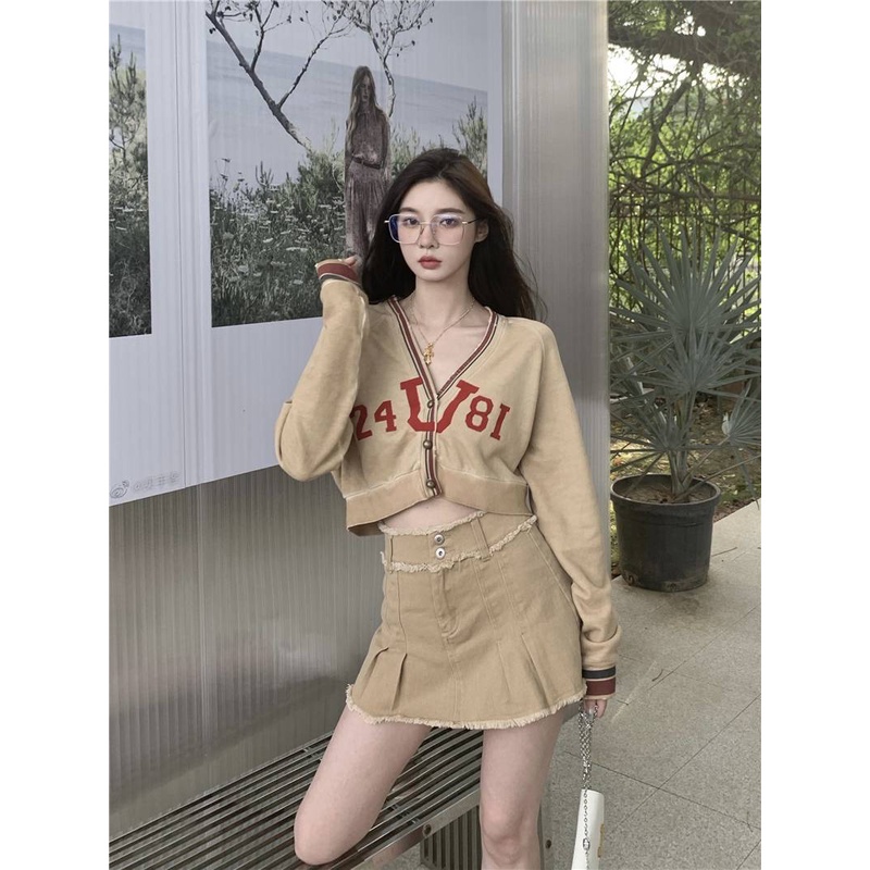 Set Áo Khoác Và Chân Váy Kaki In Chữ Thời Trang Dành Cho Nữ 1765