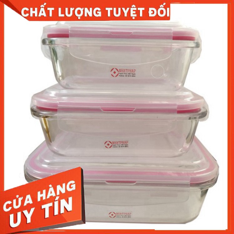 [ Hàng Chính Hãng ] Bộ 3 hộp đựng cơm thủy tinh hình chữ nhật dùng được lò vi sóng (370 + 640 + 1040ml)