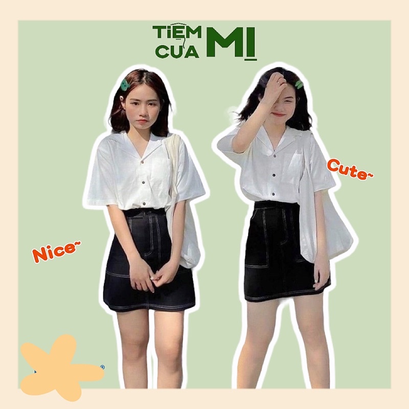 Bộ Chân Váy Bò Áo Sơ Mi Trắng , Váy Chữ A Áo Nữ Nữ Cộc Tay X061