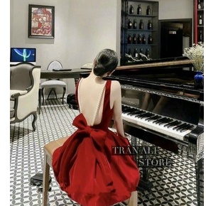 Đầm 2 dây xòe hở lưng phối dây ngọc cột nơ cực xinh , chất nhung mềm mịn