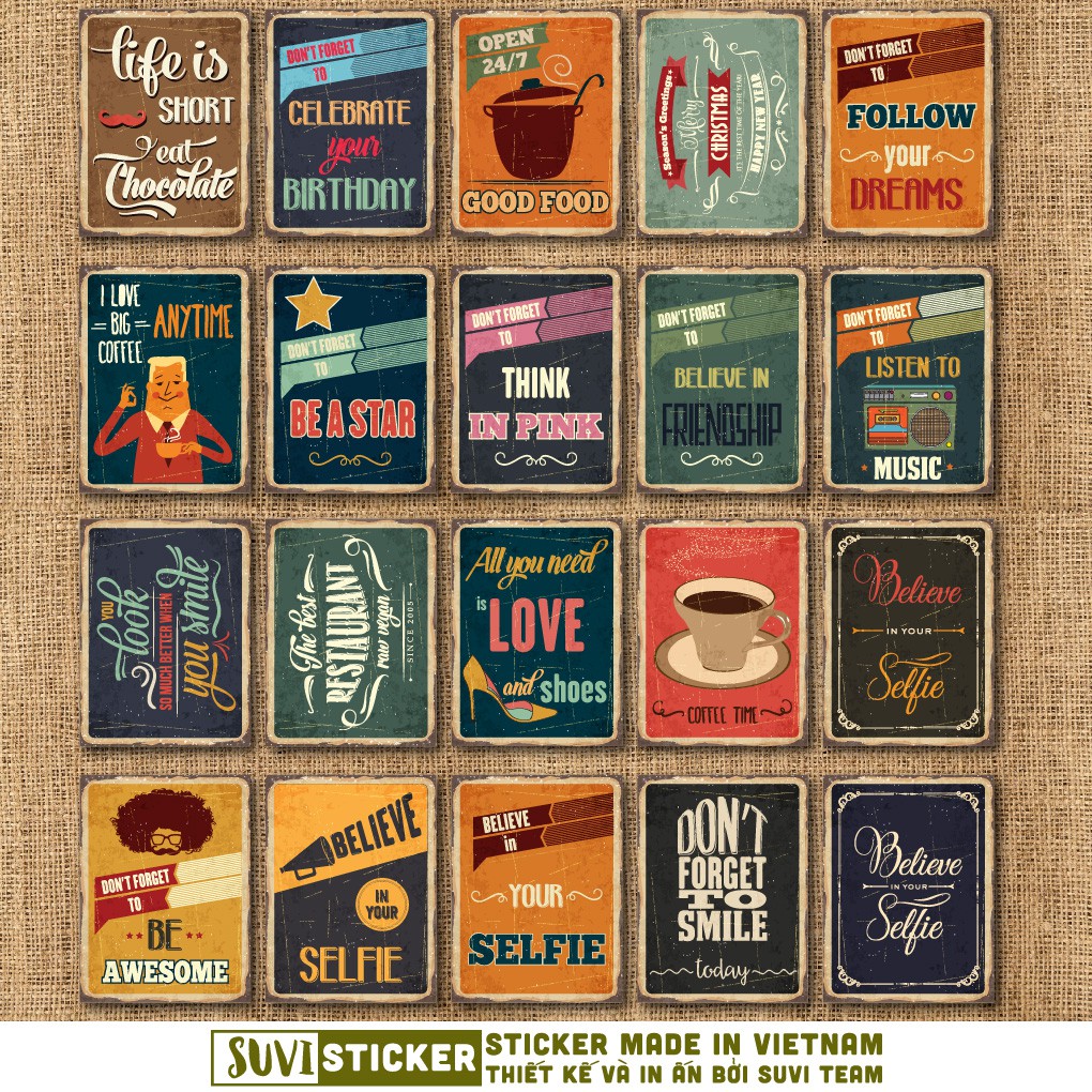 50 Sticker Vintage Quotes 2 chống nước sticker dán laptop, điện thoại, đàn guitar, mũ bảo hiểm, vali. MSP: VR22