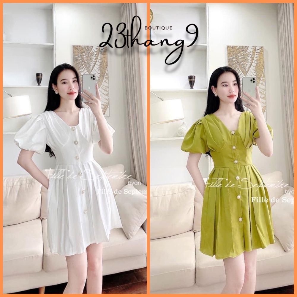 Đầm nữ đầm sơ mi màu xanh màu trắng vải thô cao cấp tay ngắn cổ chữ v đi phố đi biển 23thang9 boutique