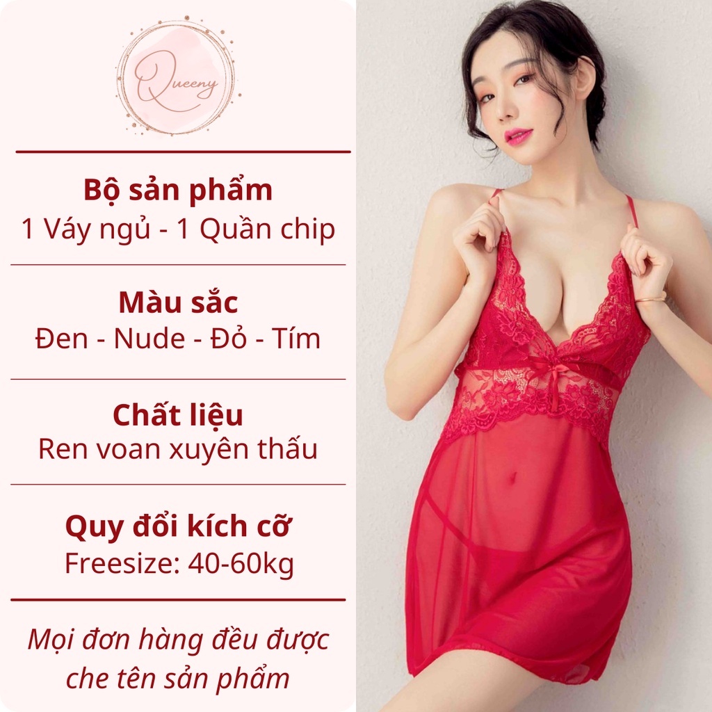 Vá́y Ngủ Sexy Ren Xuyên Thấu Queeny Đồ Ngủ Sexy Gợi Cảm Gồm Váy 2 Dây Lưng Chéo Kèm Quần Chip KL03