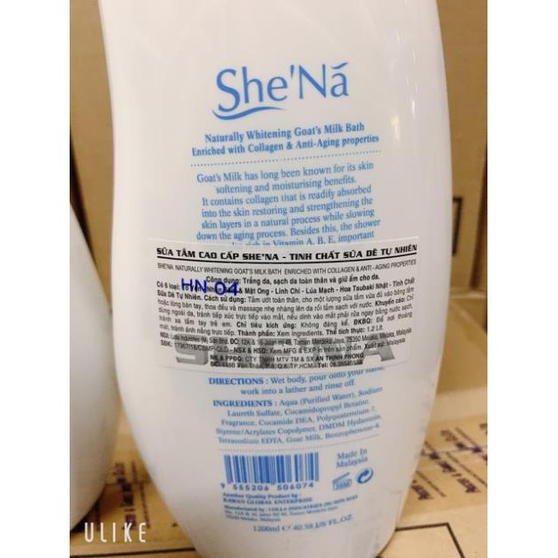 Sữa tắm Cao Cấp Shena Tinh Chất Sữa Dê tự nhiên 1,2L ( mầu trắng )